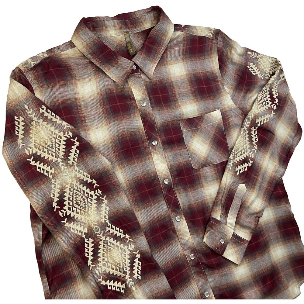 Stetson Western Shirt Women Sz L Pearl Snap Embroidered Aztec Plaid Long Sleeve